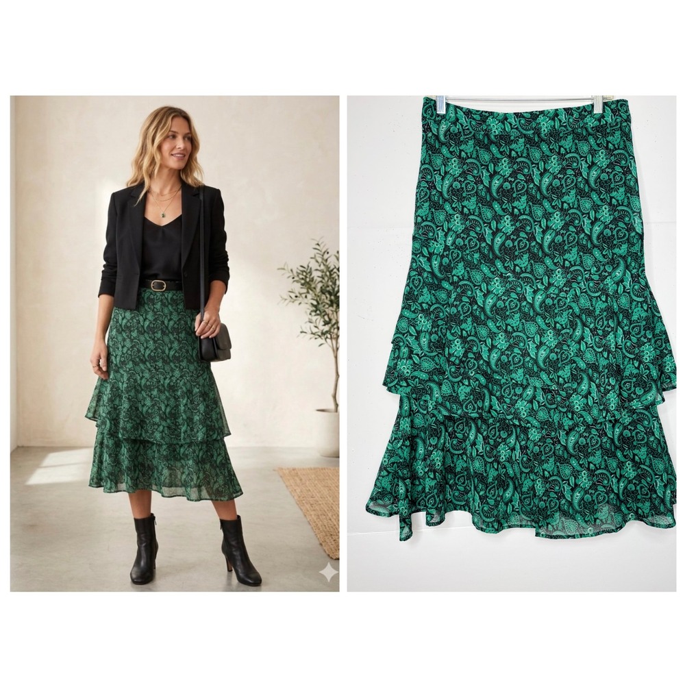Gunit Paisley Tiered Midi Skirt Sz M Green Ruffle Cottage Whimsigoth Boho Office